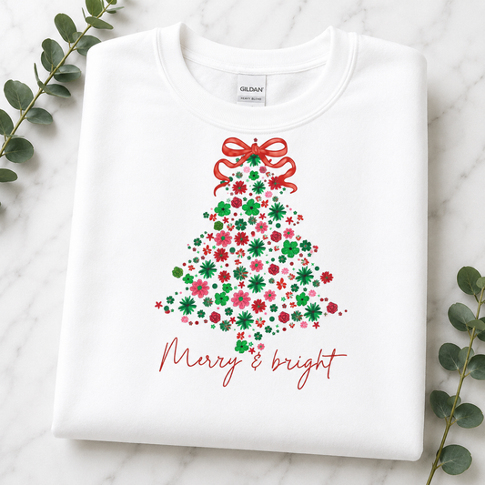 Merry & Bright Christmas Tree Shirt • Floral Christmas Tree Tee • Cute Pink & Green Holiday T-Shirt • Comfort Colors Christmas Shirt • Women's Christmas Tee