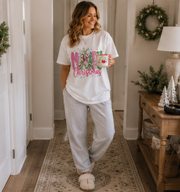 Christmas Crewneck Sweatshirt — 'Merry Christmas' Pink & Green Tree Design