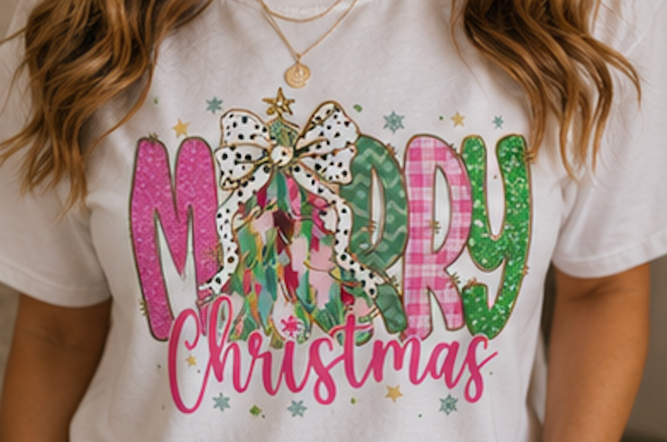 Christmas Crewneck Sweatshirt — 'Merry Christmas' Pink & Green Tree Design