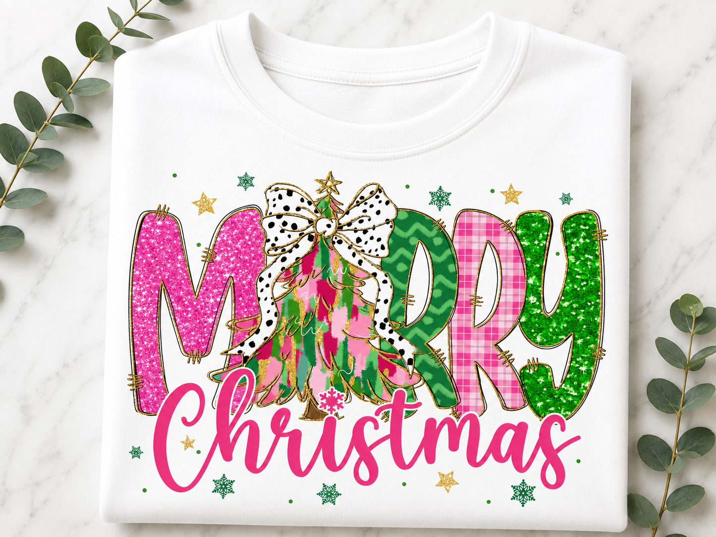 Christmas Crewneck Sweatshirt — 'Merry Christmas' Pink & Green Tree Design