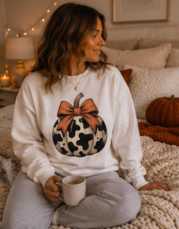 Cow Print Pumpkin T-Shirt — Fall Pumpkin with Orange Bow Graphic Tee