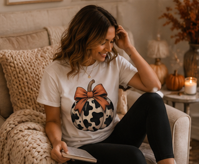 Cow print Pumpkin Sweatshirt — Halloween Fall Crewneck with Orange Bow