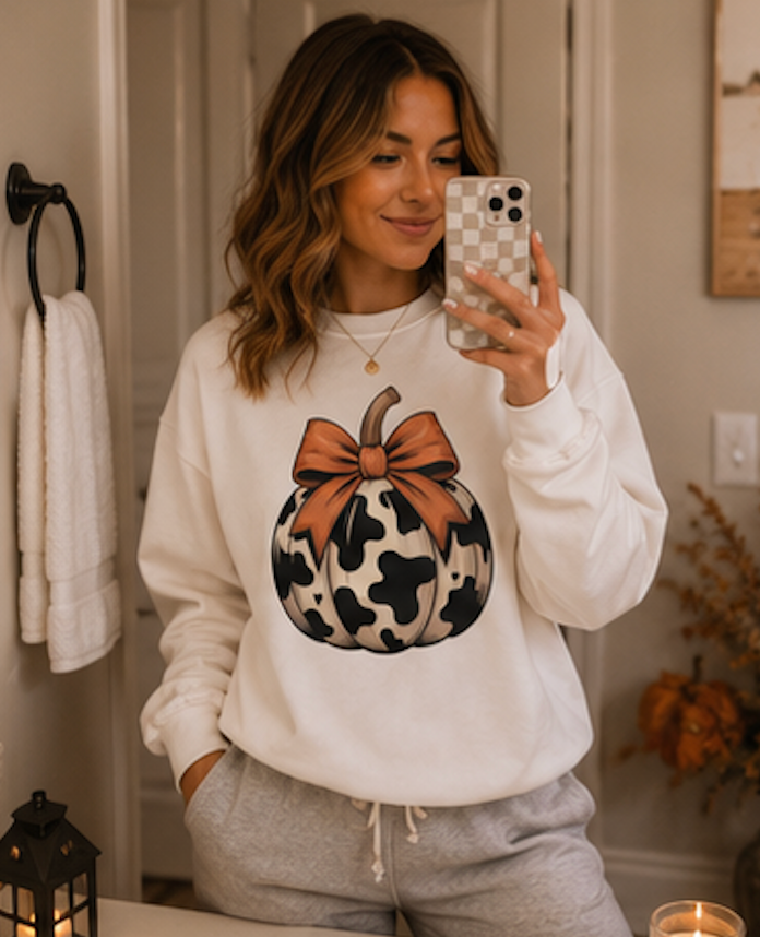 Cow print Pumpkin Sweatshirt — Halloween Fall Crewneck with Orange Bow