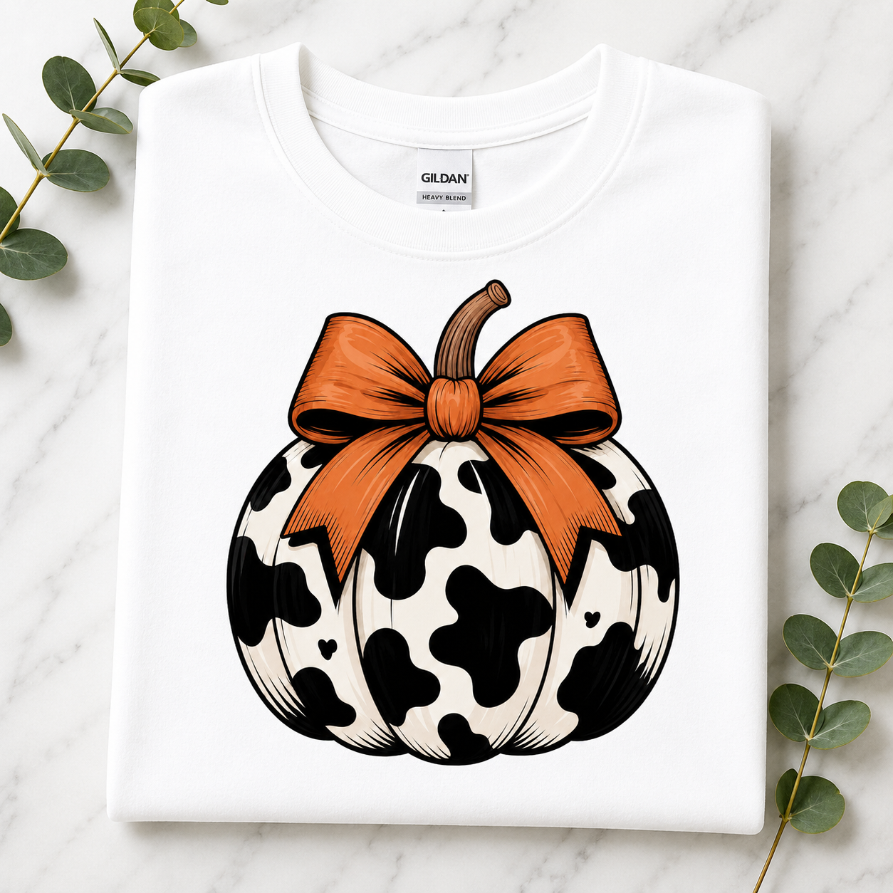 Cow print Pumpkin Sweatshirt — Halloween Fall Crewneck with Orange Bow