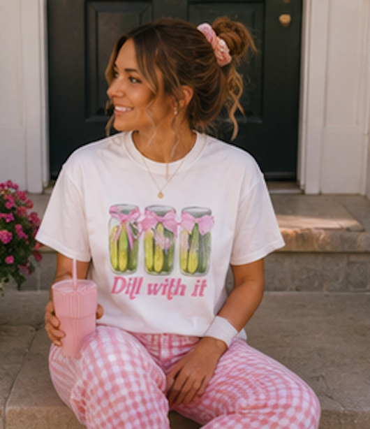 Dill With It Pickle T‑Shirt — Cute Pickle Graphic Tee with Pink Bows