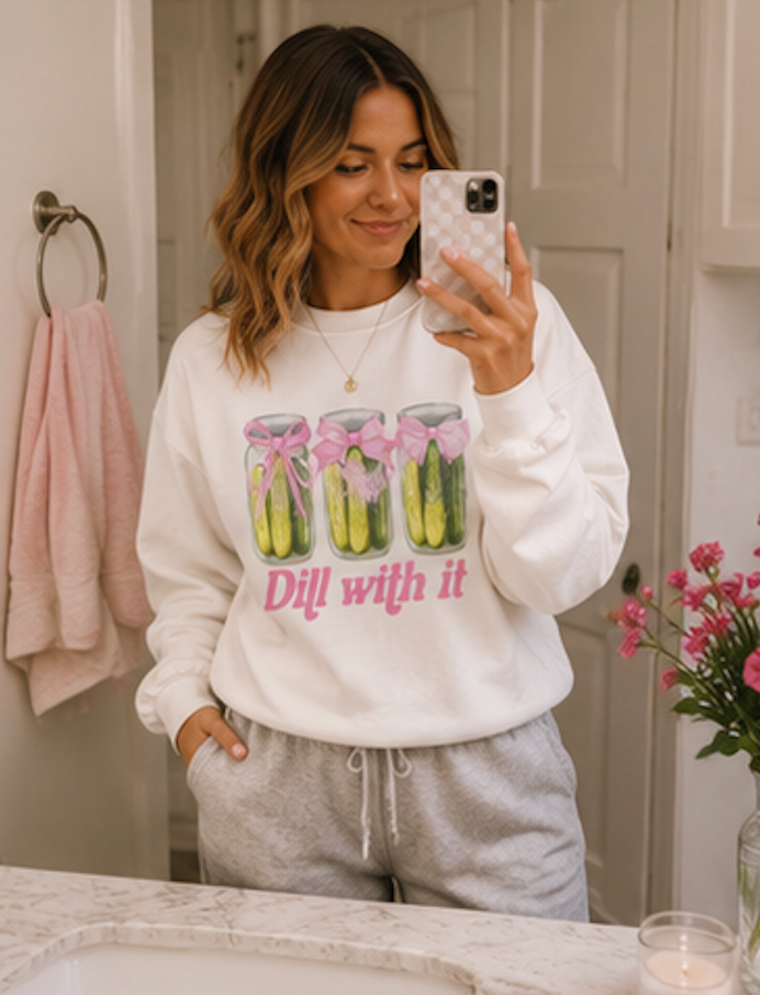 Dill With It Pickle T‑Shirt — Cute Pickle Graphic Tee with Pink Bows