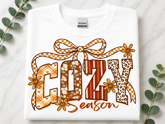 Cozy Season Sweatshirt — Holiday Gift Bow Graphic Crewneck