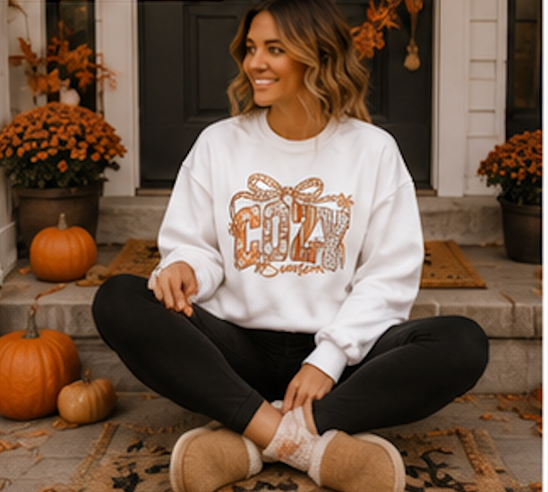 Cozy Season Sweatshirt — Holiday Gift Bow Graphic Crewneck