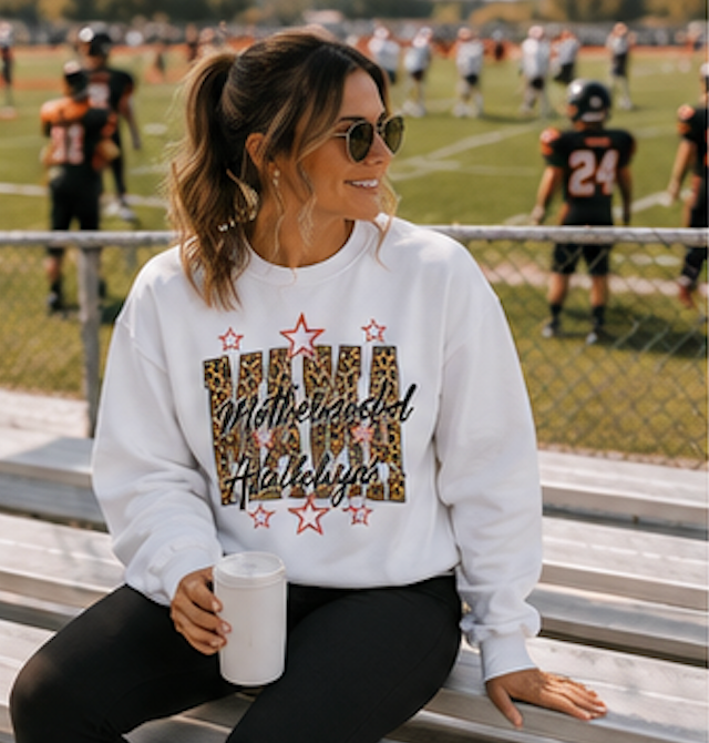 Motherhood Hallelujah Crewneck Sweatshirt — Leopard Flag Graphic