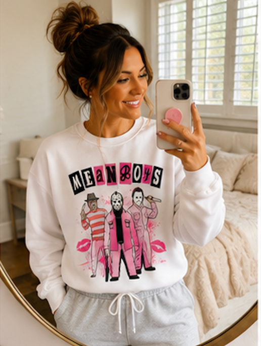 Mean Boys Crewneck Sweatshirt — Retro Pink Graphic Pullover