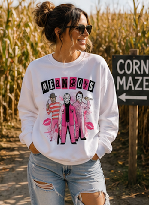 Mean Boys Crewneck Sweatshirt — Retro Pink Graphic Pullover
