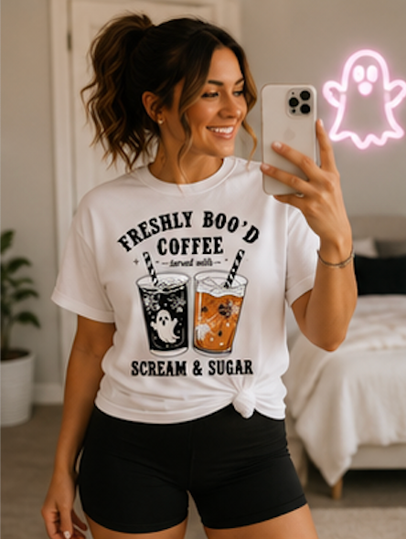 Freshly Boo'd Coffee Tee • Ghost Iced Coffee Shirt • Spooky Season Coffee Lover Tee • Cute Fall Graphic Shirt • Comfort Colors Tee