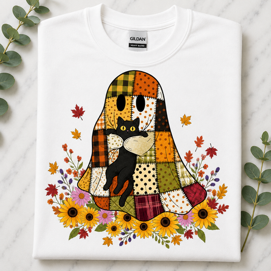 Patchwork Ghost T-Shirt — Fall Sunflower Halloween Tee