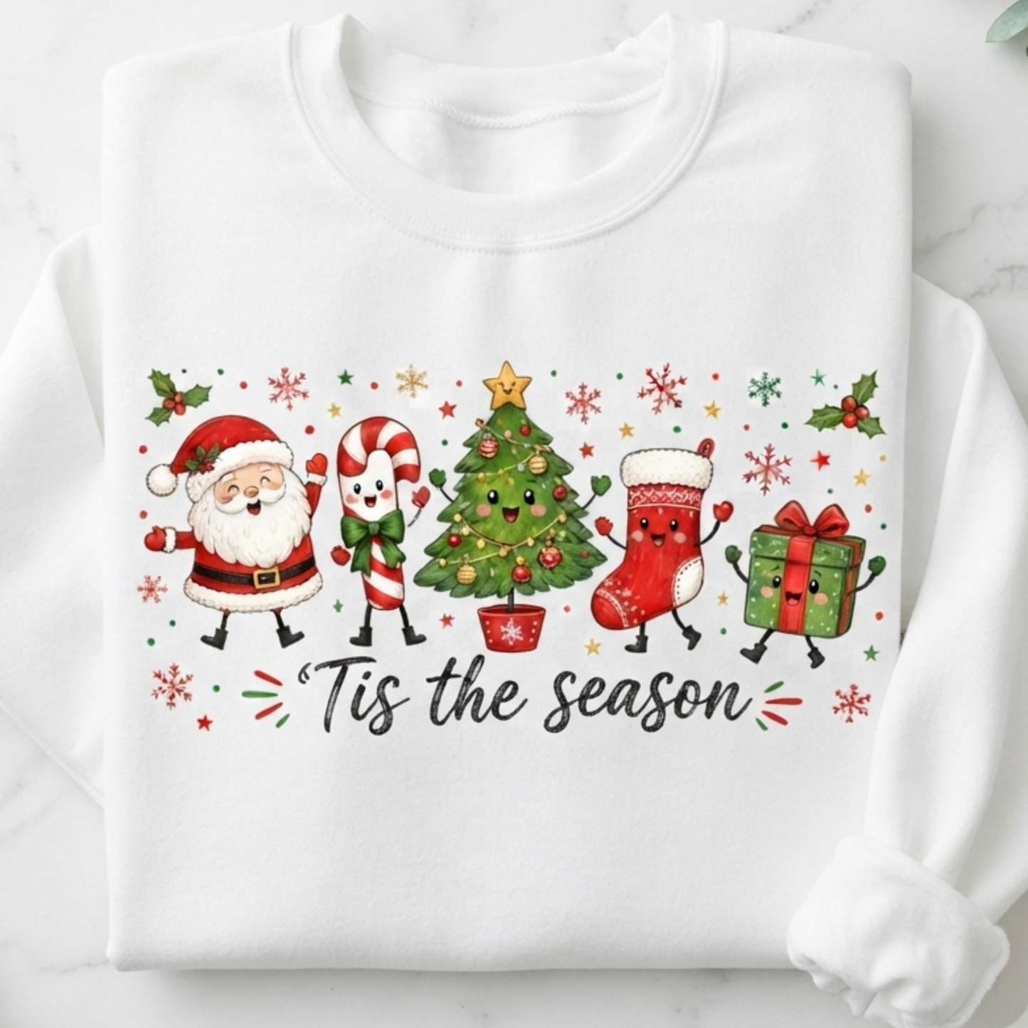 Christmas Crewneck Sweatshirt - 'Tis the Season' Holiday Sweatshirt with Santa & Tree Design
