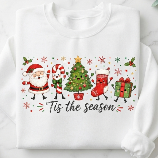 Christmas Crewneck Sweatshirt - 'Tis the Season' Holiday Sweatshirt with Santa & Tree Design
