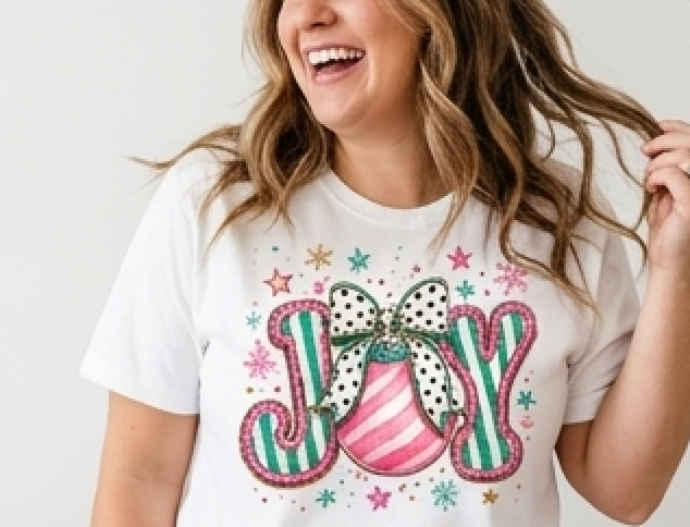 Joy Christmas T-Shirt — Festive Candy-Striped JOY Graphic Tee