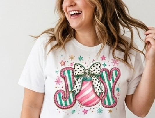 Joy Christmas T-Shirt — Festive Candy-Striped JOY Graphic Tee