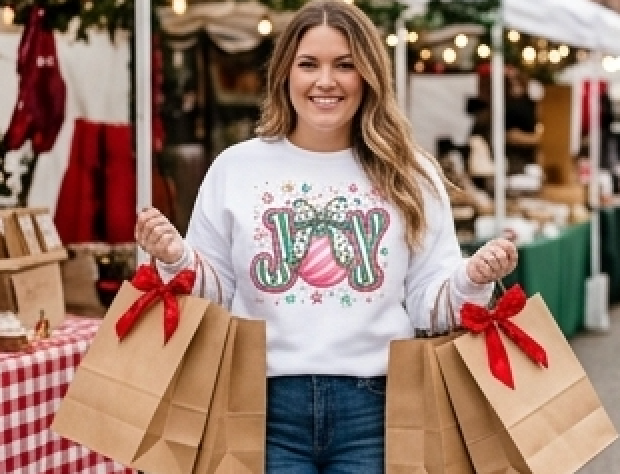 Joy Christmas T-Shirt — Festive Candy-Striped JOY Graphic Tee