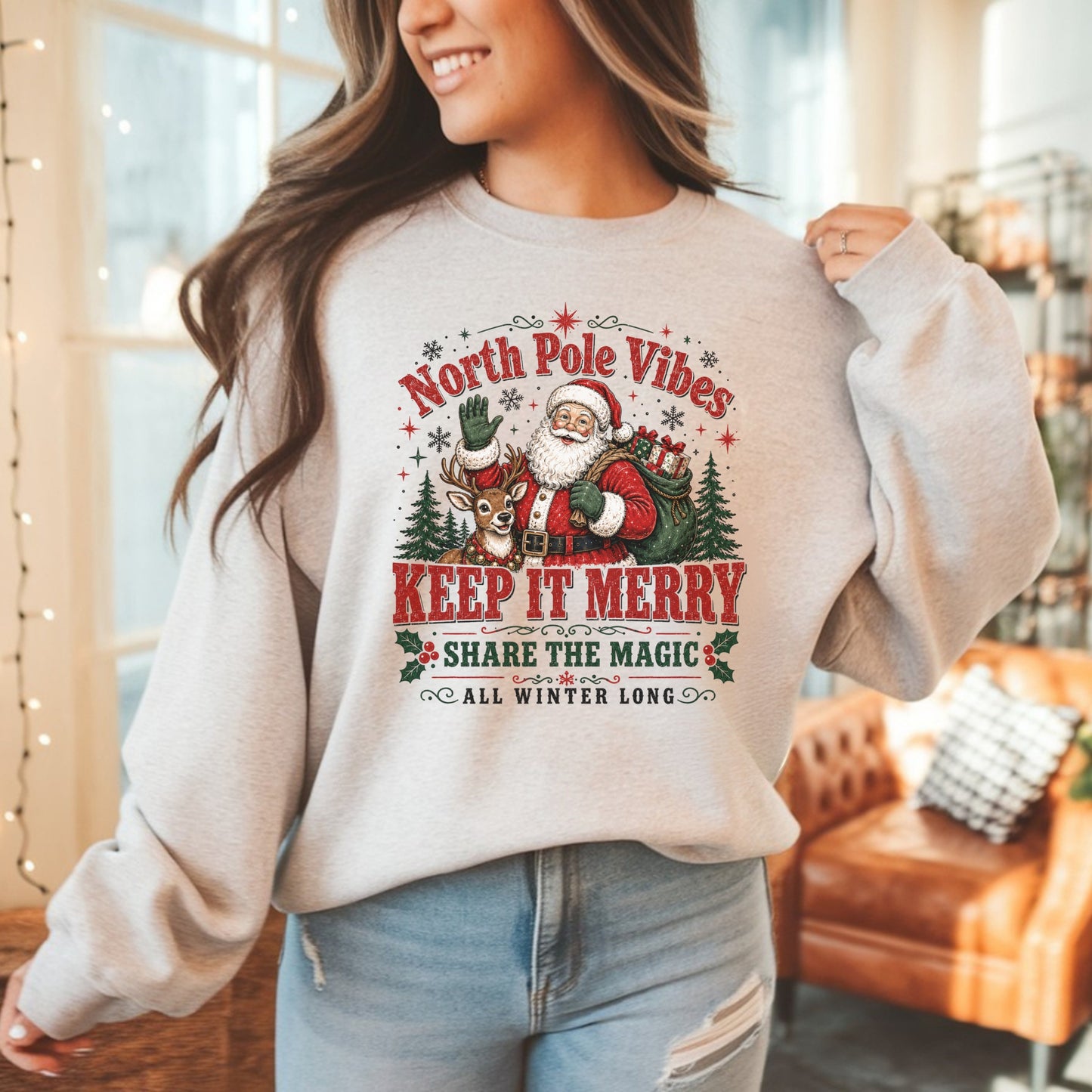 Christmas T-Shirt — "North Pole Vibes Keep It Merry" Holiday Santa Tee