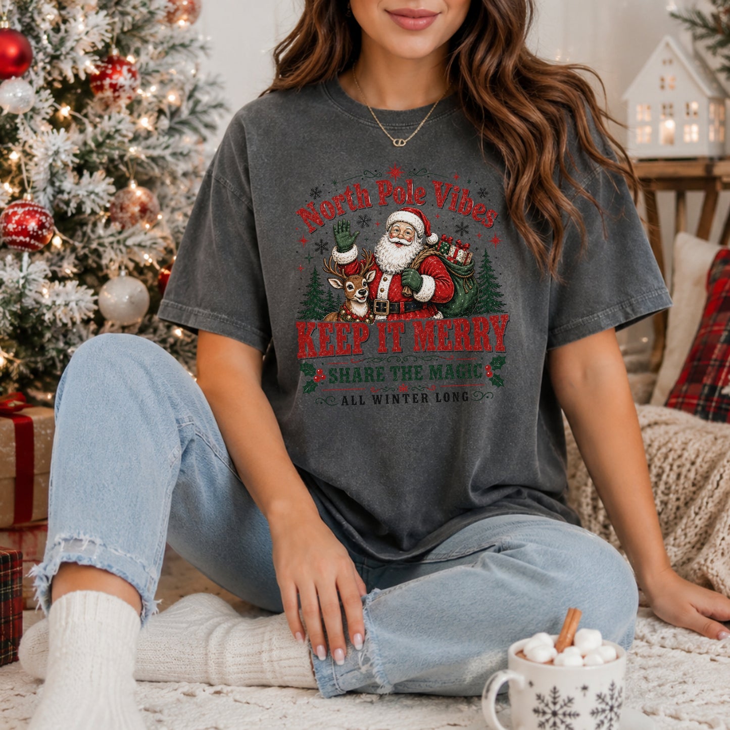 Christmas T-Shirt — "North Pole Vibes Keep It Merry" Holiday Santa Tee