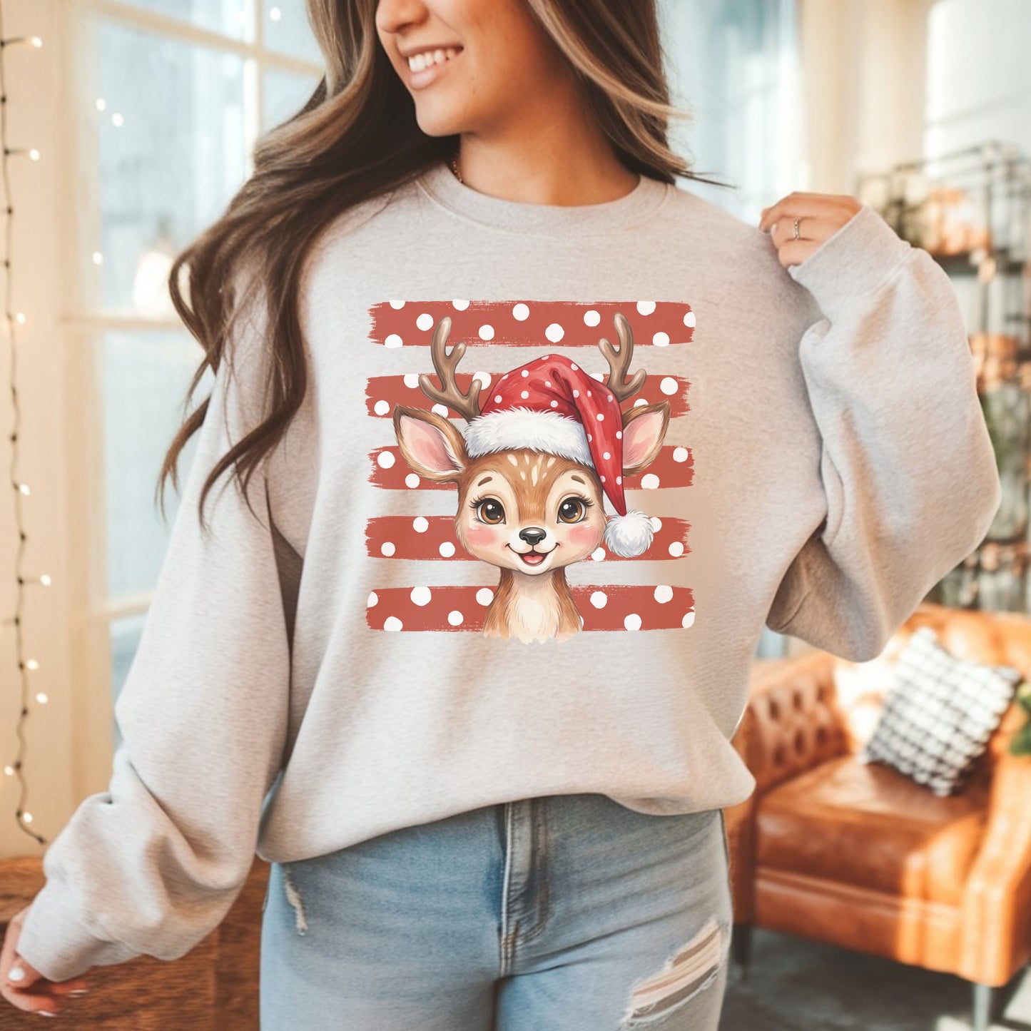 Christmas Reindeer Crewneck Sweatshirt — Cute Santa Hat Fawn Holiday Sweater