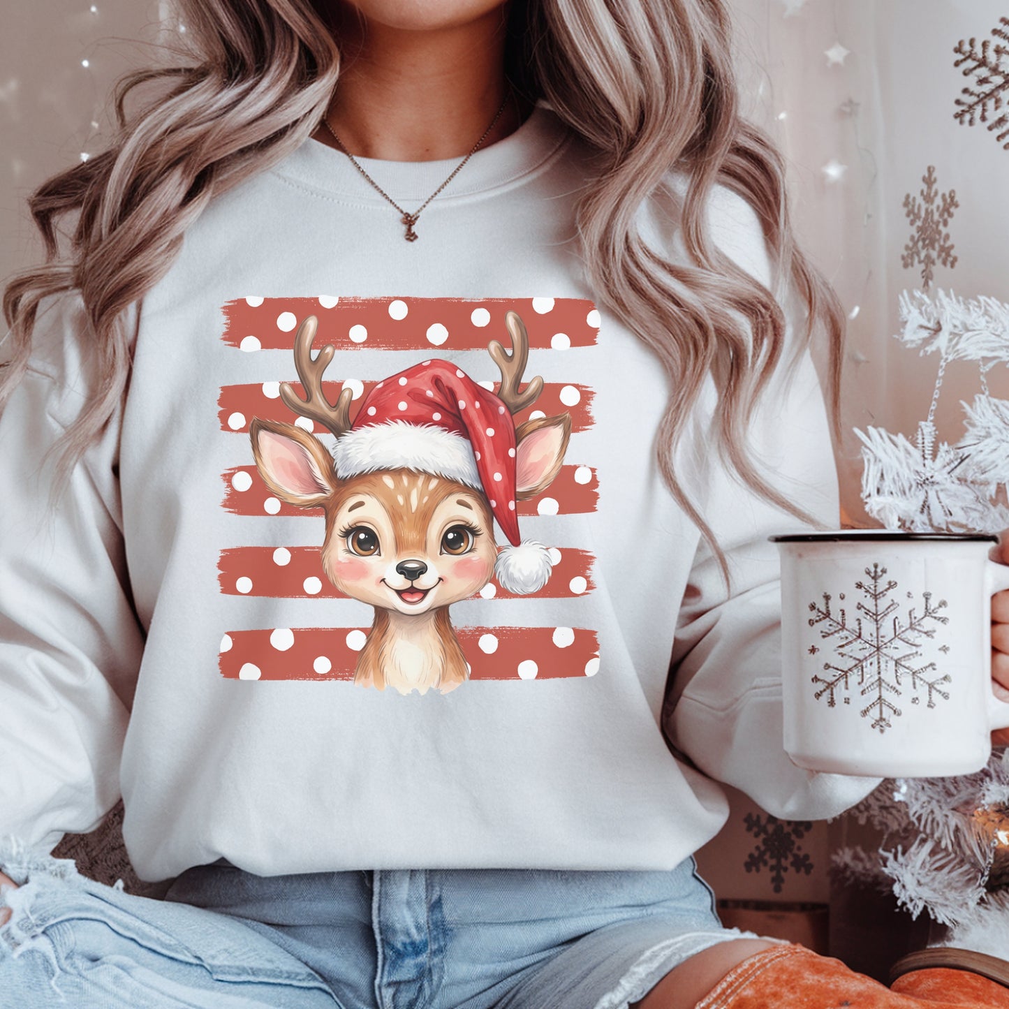 Christmas Reindeer Crewneck Sweatshirt — Cute Santa Hat Fawn Holiday Sweater