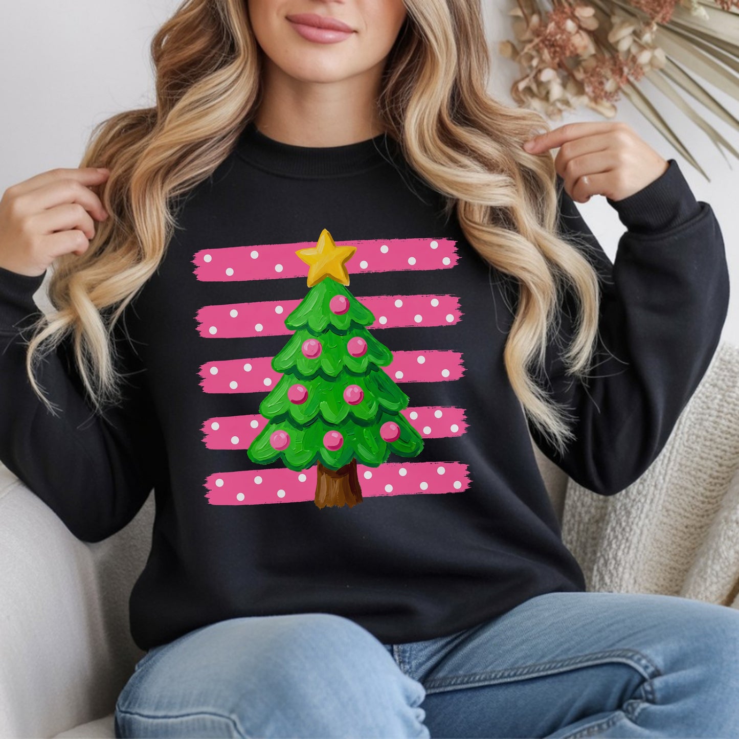 preppy pink Christmas Tree Graphic T-Shirt — Cute Pink Striped Holiday Tee