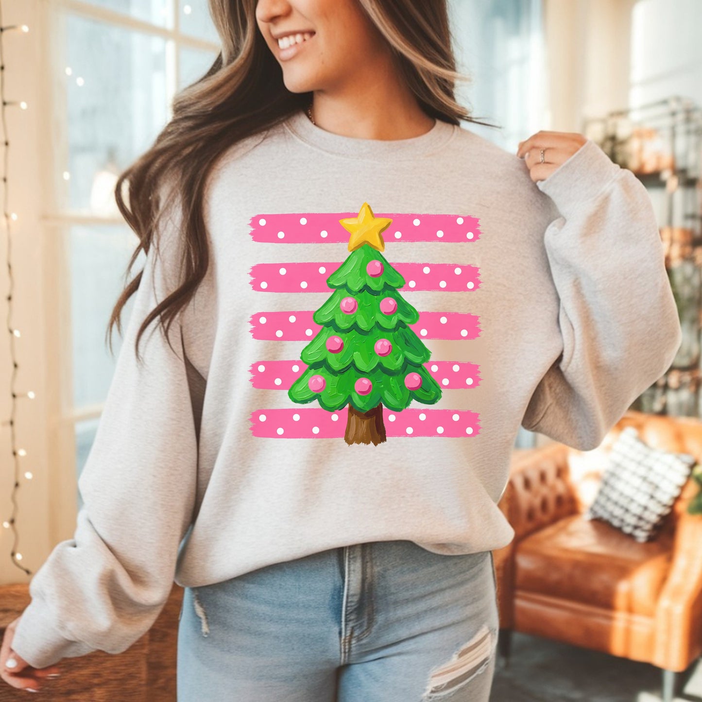 preppy pink Christmas Tree Graphic T-Shirt — Cute Pink Striped Holiday Tee