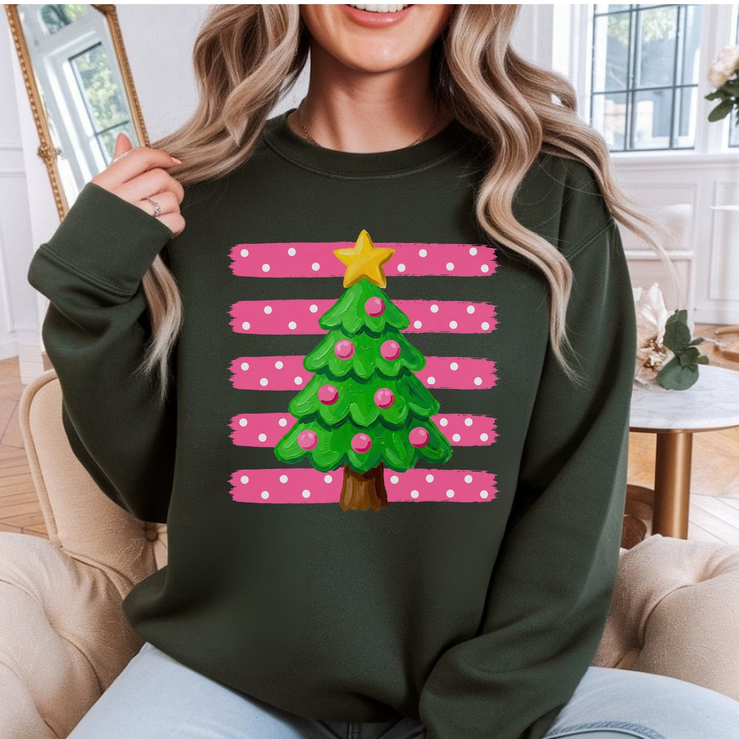 preppy pink Christmas Tree Graphic T-Shirt — Cute Pink Striped Holiday Tee