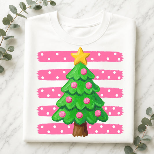 preppy pink Christmas Tree Graphic T-Shirt — Cute Pink Striped Holiday Tee