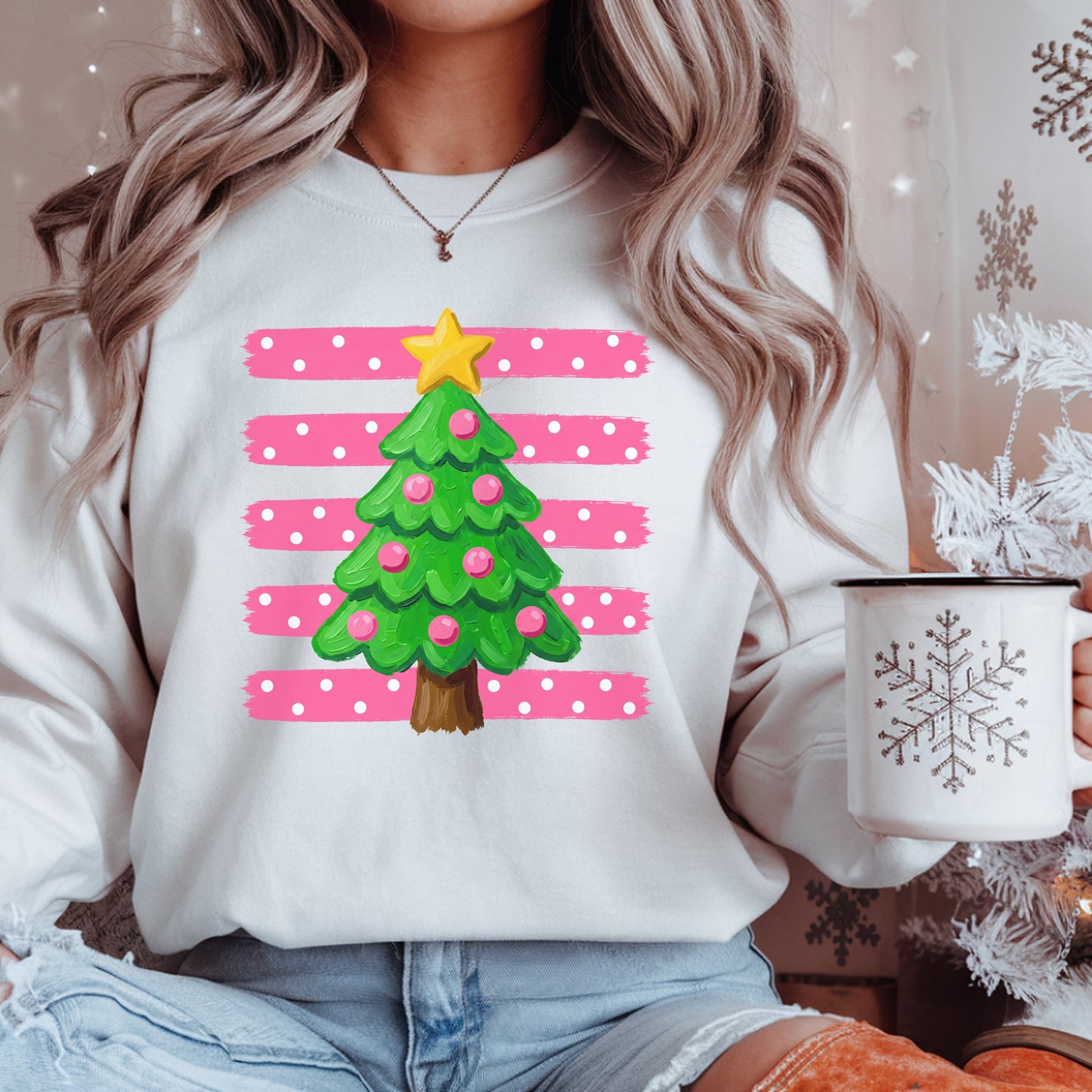 preppy pink Christmas Tree Graphic T-Shirt — Cute Pink Striped Holiday Tee