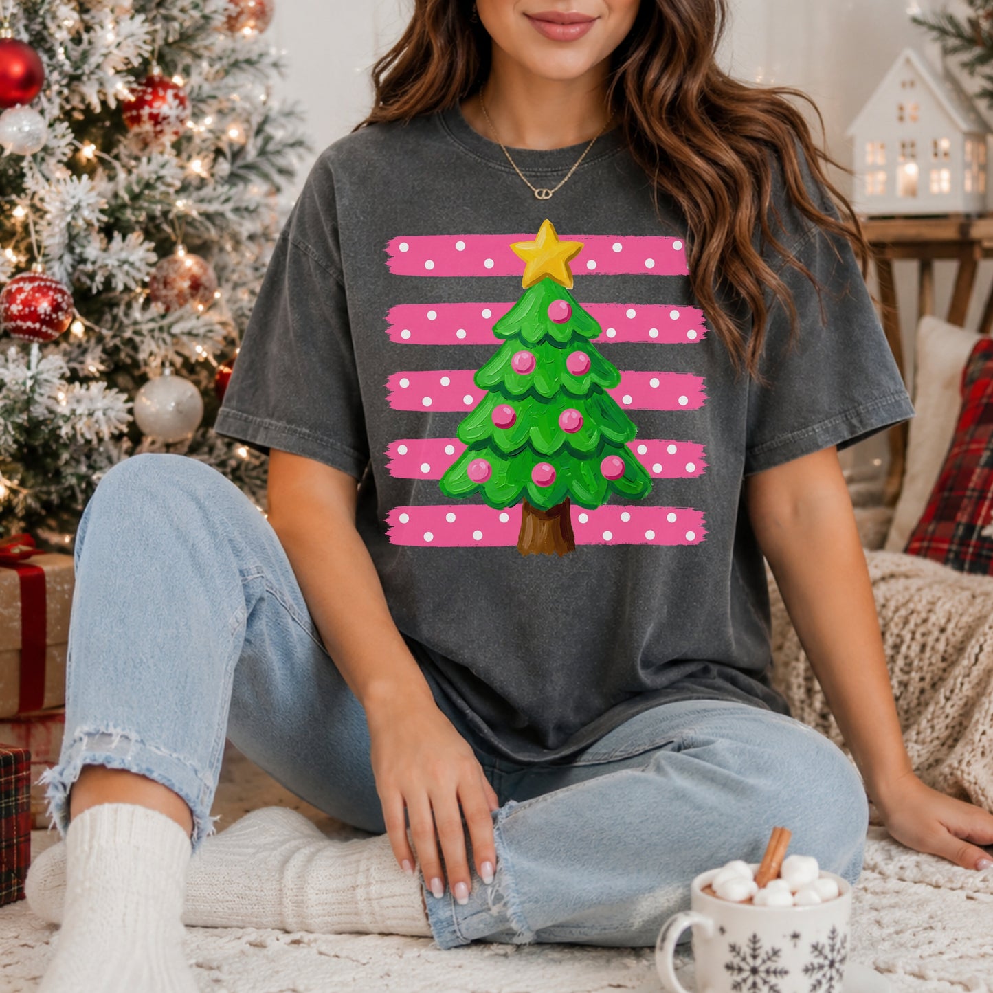 preppy pink Christmas Tree Graphic T-Shirt — Cute Pink Striped Holiday Tee
