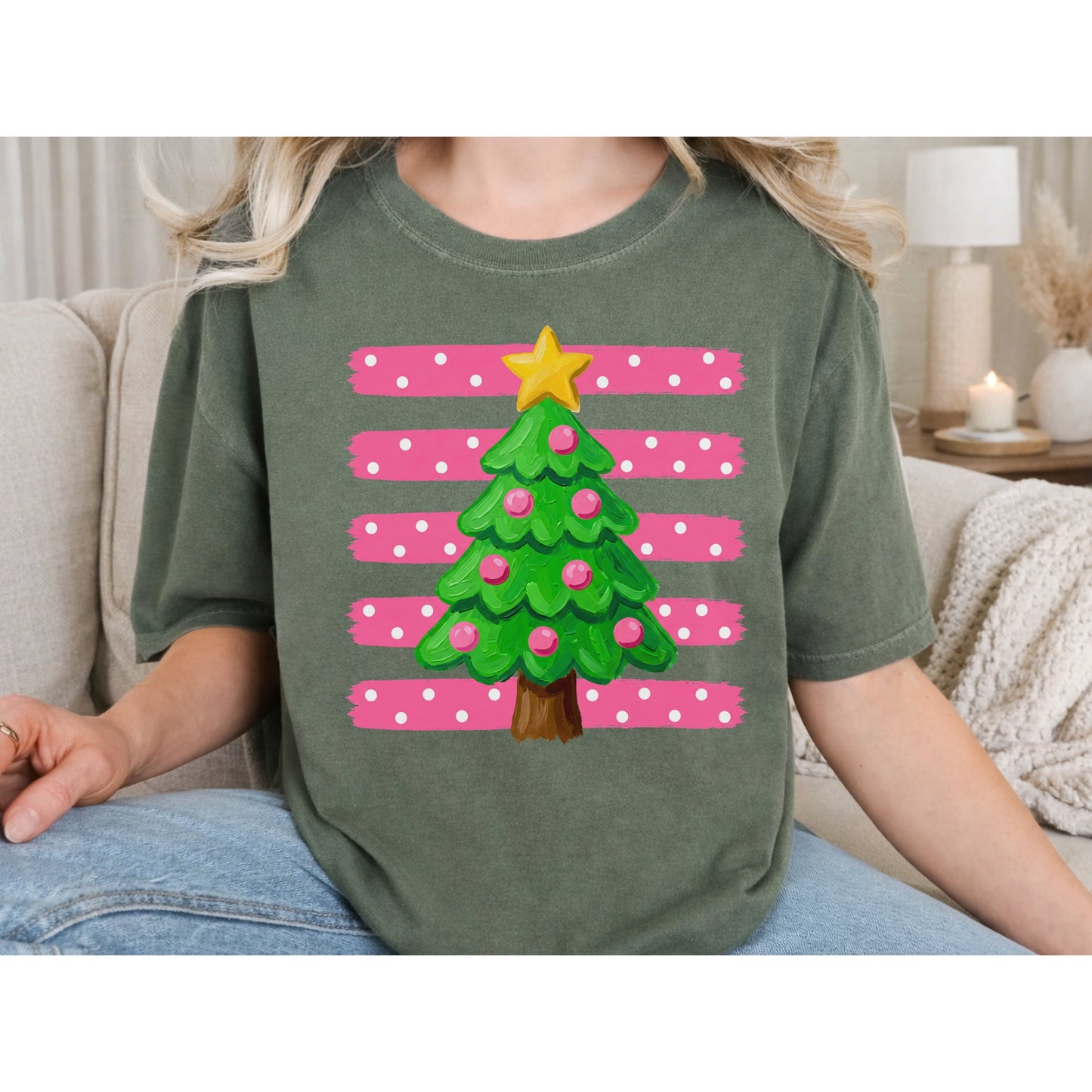 Preppy Pink Christmas Tree Sweatshirt - Pink Striped Holiday Crewneck