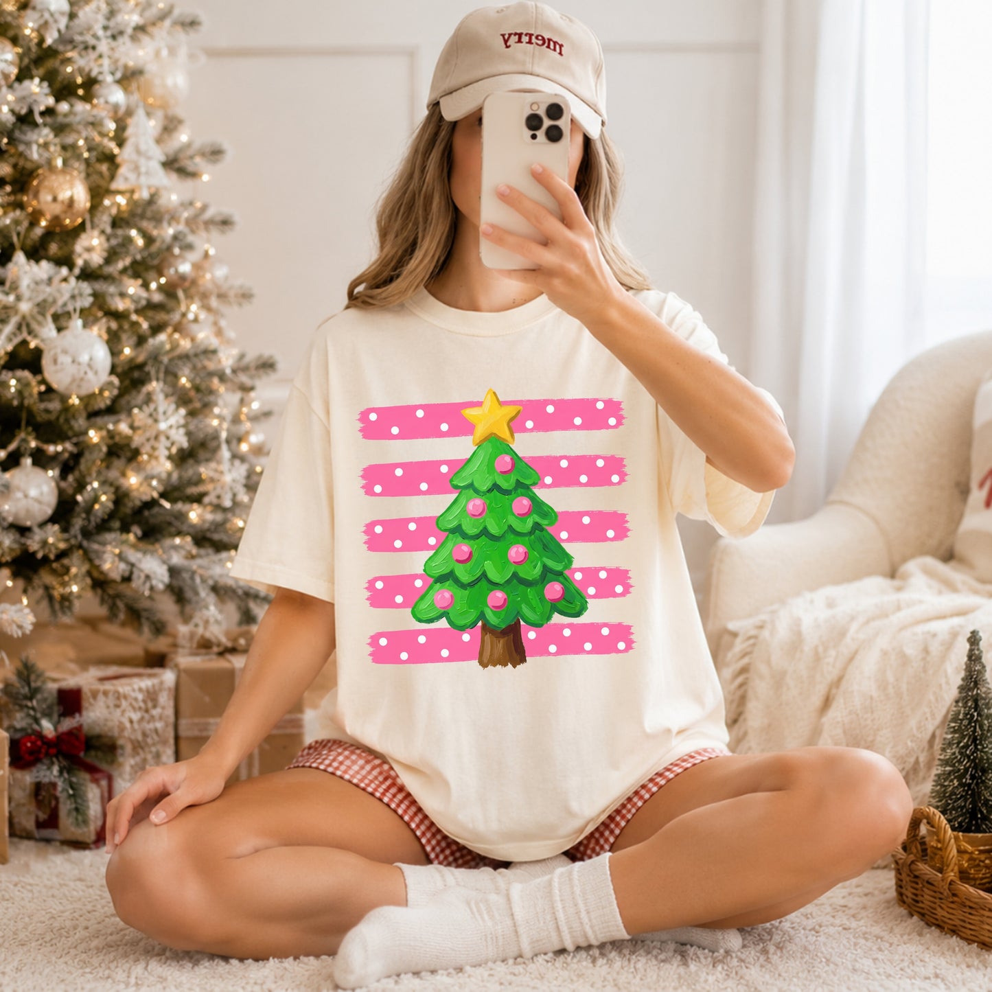 Preppy Pink Christmas Tree Sweatshirt - Pink Striped Holiday Crewneck