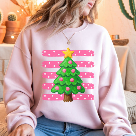 Preppy Pink Christmas Tree Sweatshirt - Pink Striped Holiday Crewneck