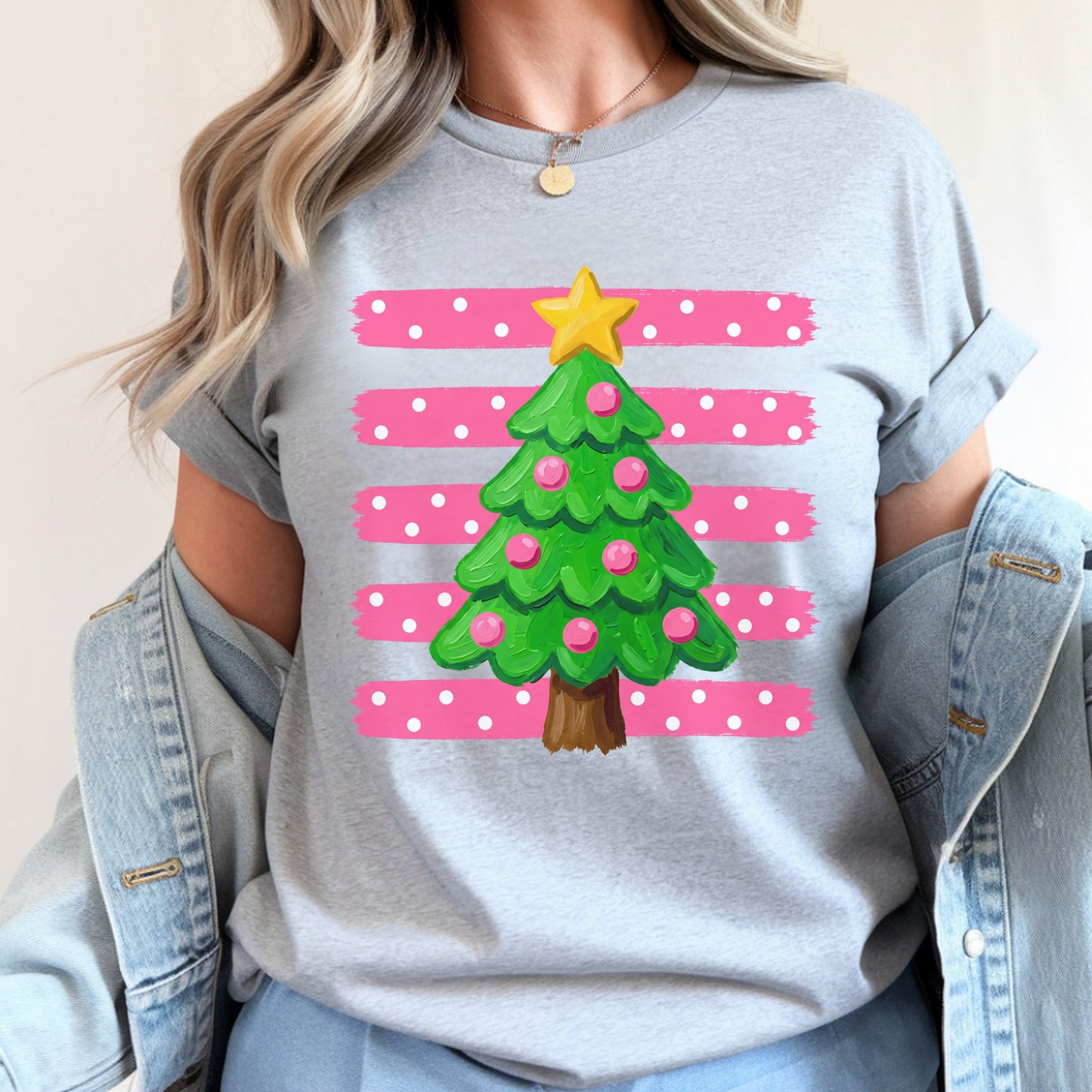 Preppy Pink Christmas Tree Sweatshirt - Pink Striped Holiday Crewneck