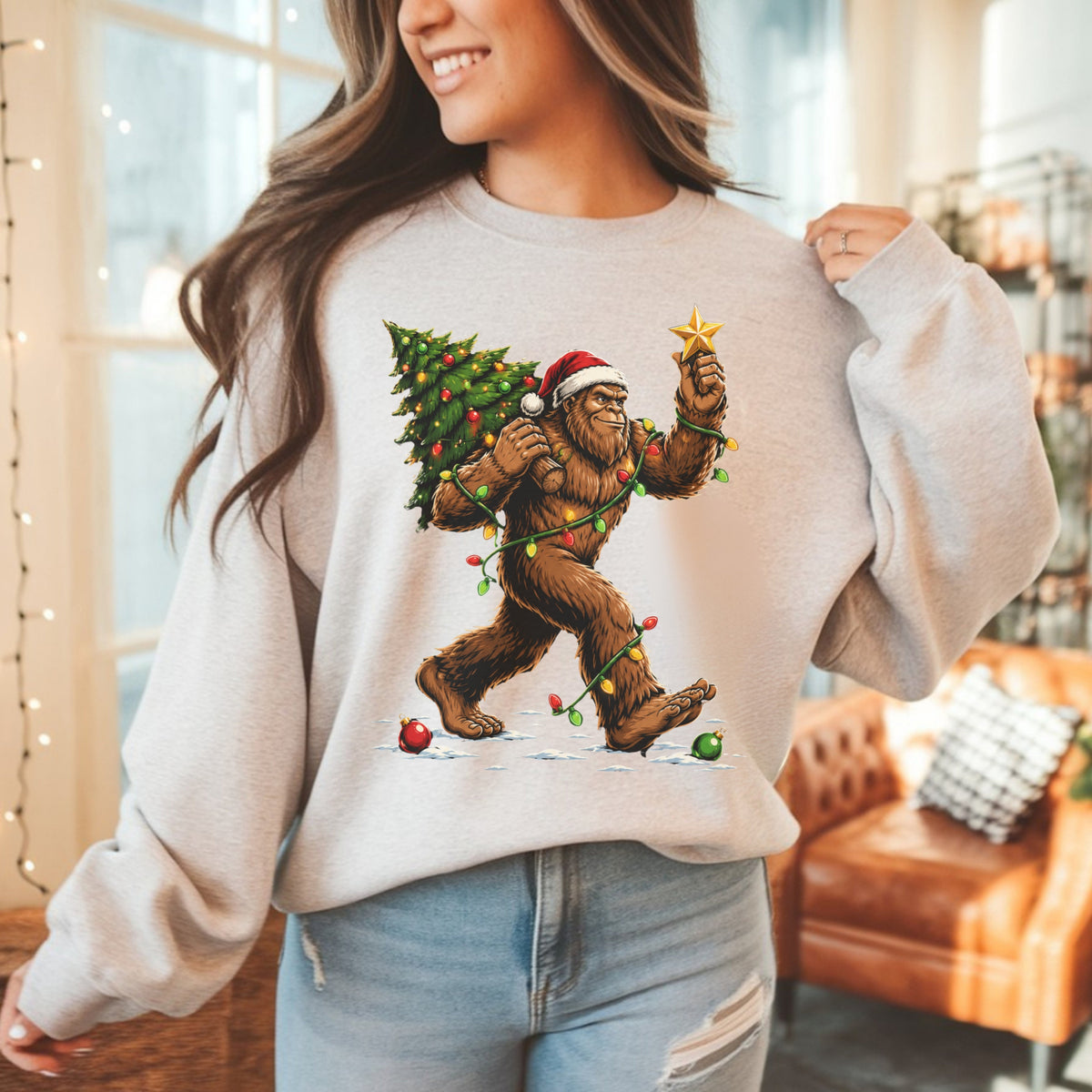 Sweatshirt — Holiday Sasquatch Carrying Christmas Tree Graphic Crewneck
