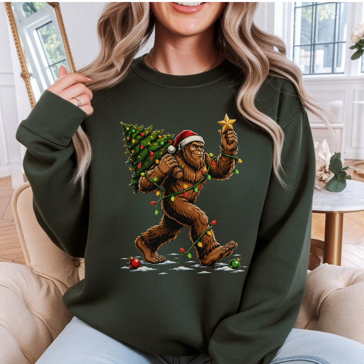 Sweatshirt — Holiday Sasquatch Carrying Christmas Tree Graphic Crewneck