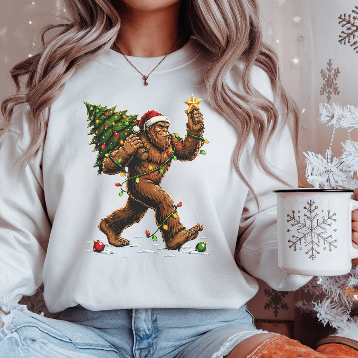 Sweatshirt — Holiday Sasquatch Carrying Christmas Tree Graphic Crewneck