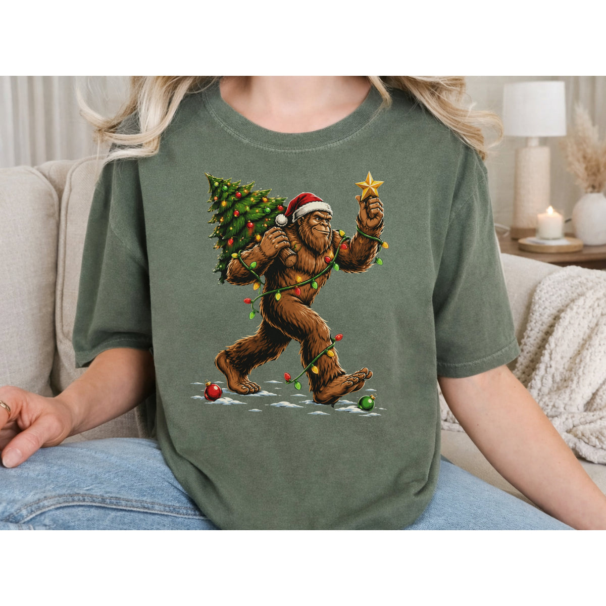 Sasquatch Carrying Christmas Tree T-Shirt — Holiday Bigfoot Santa Tee
