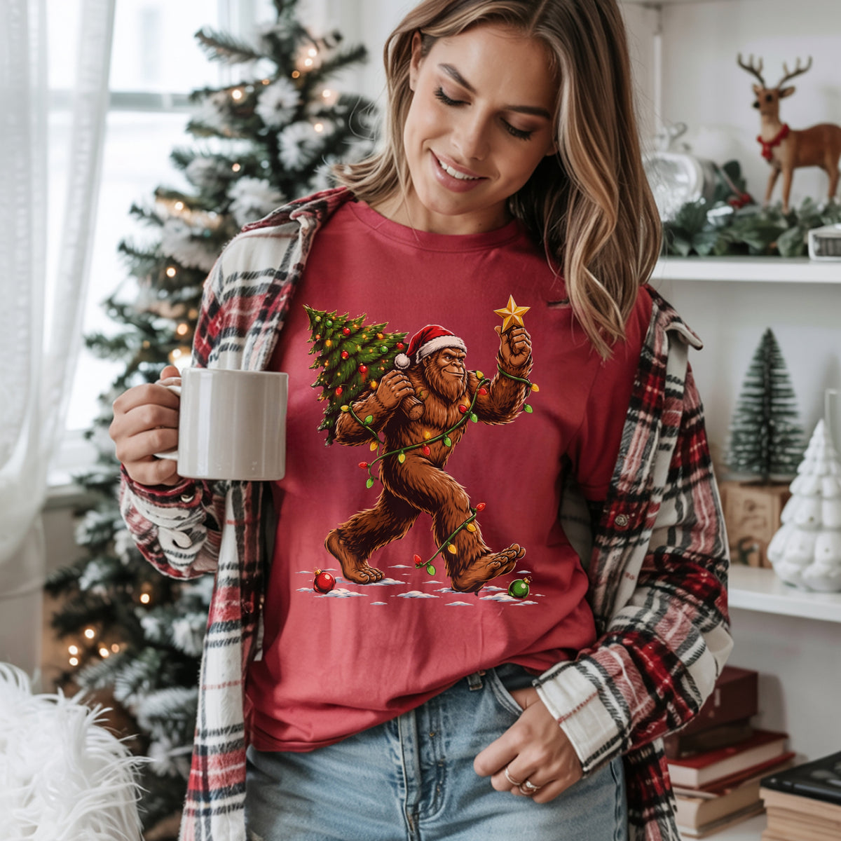 Sasquatch Carrying Christmas Tree T-Shirt — Holiday Bigfoot Santa Tee