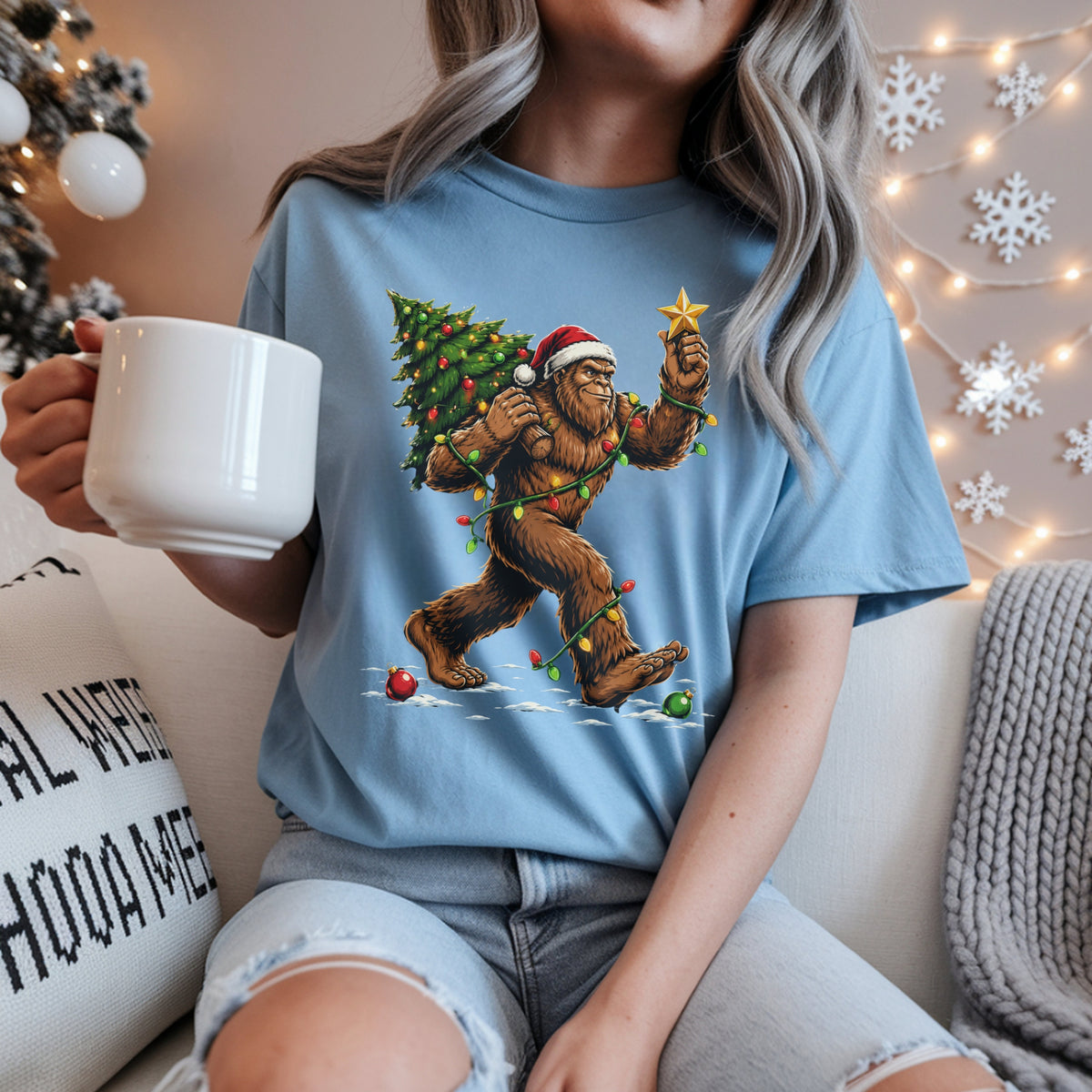 Sasquatch Carrying Christmas Tree T-Shirt — Holiday Bigfoot Santa Tee