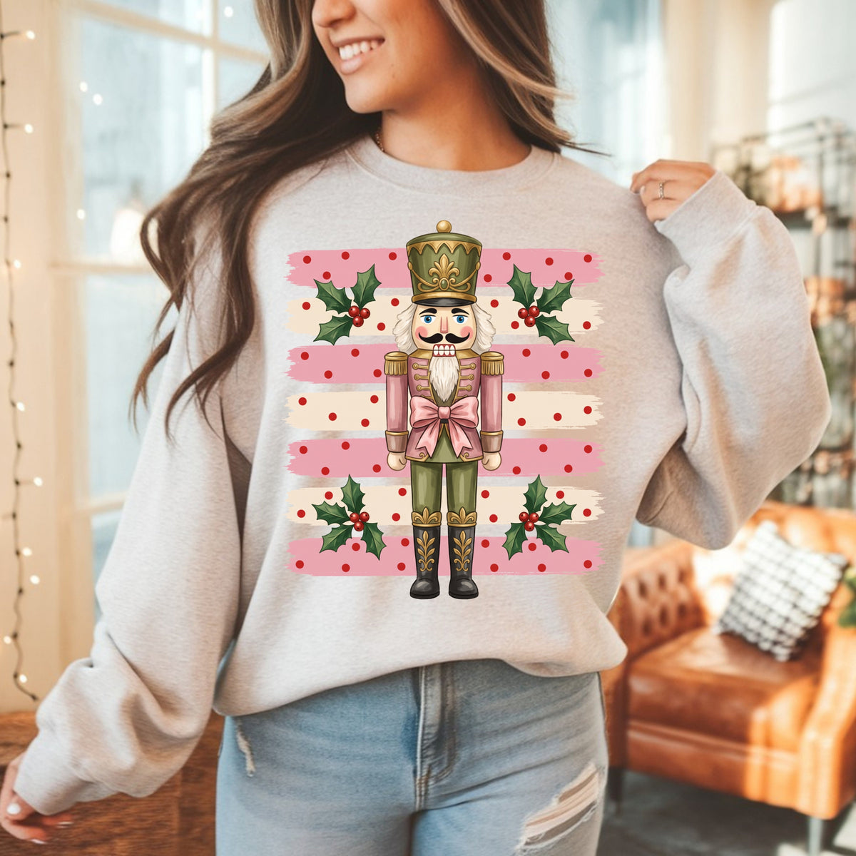Nutcracker Christmas Sweatshirt - Pink Stripe Holiday Crewneck