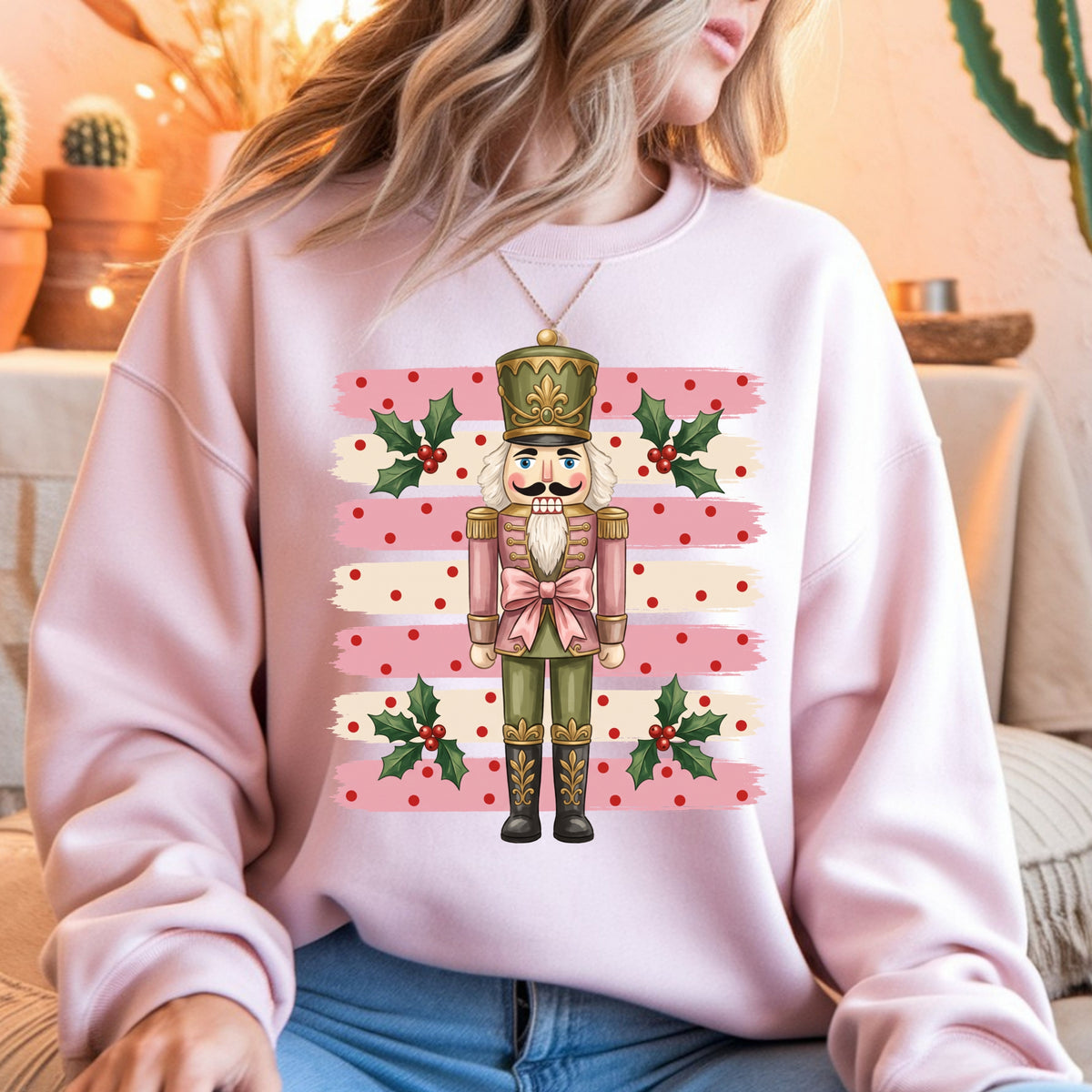 Nutcracker Christmas Sweatshirt - Pink Stripe Holiday Crewneck