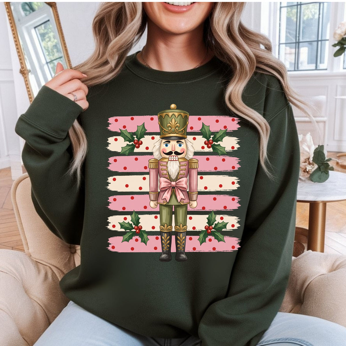 Nutcracker Christmas Sweatshirt - Pink Stripe Holiday Crewneck