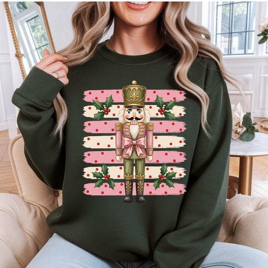 Nutcracker Christmas Sweatshirt - Pink Stripe Holiday Crewneck