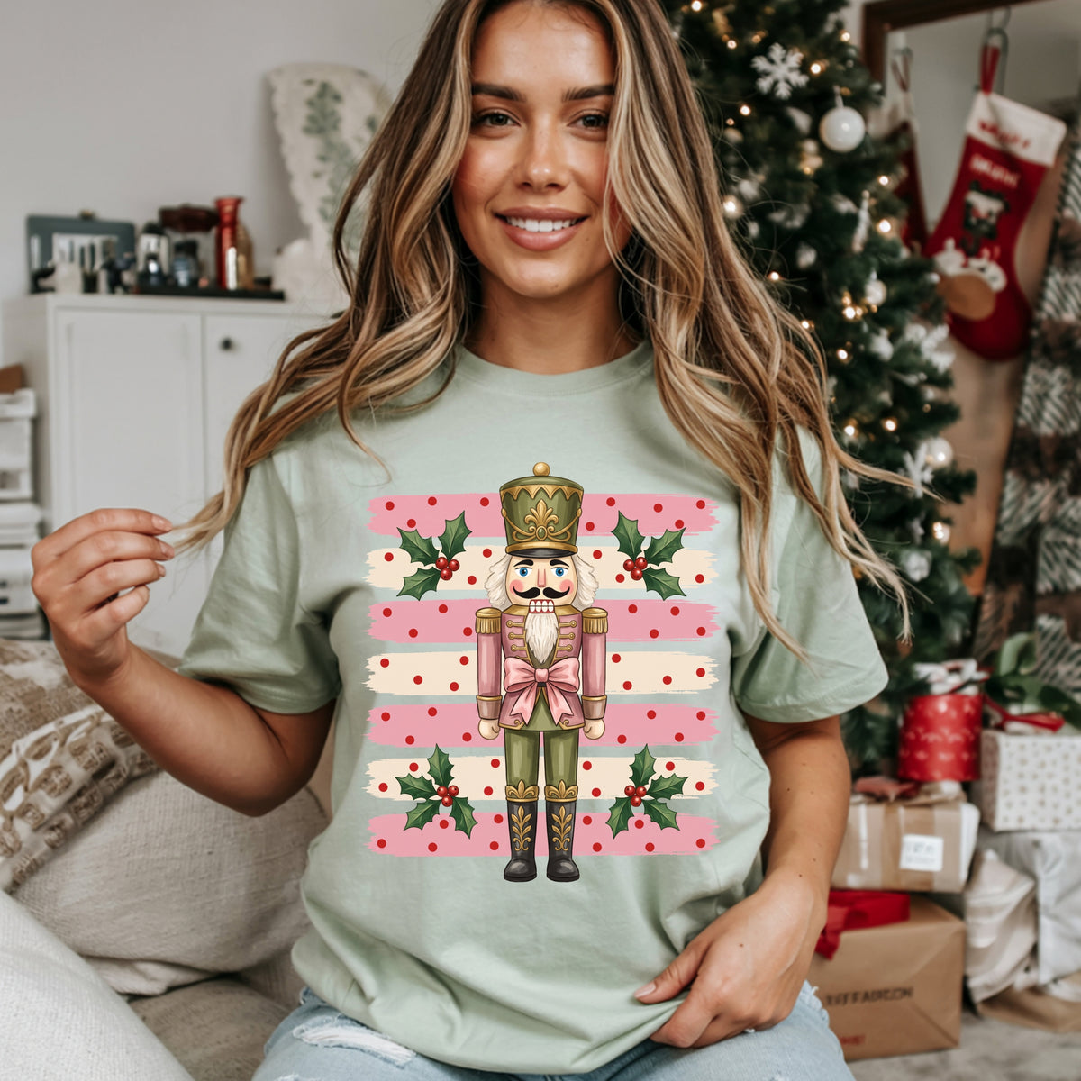 Nutcracker Christmas Sweatshirt - Pink Stripe Holiday Crewneck