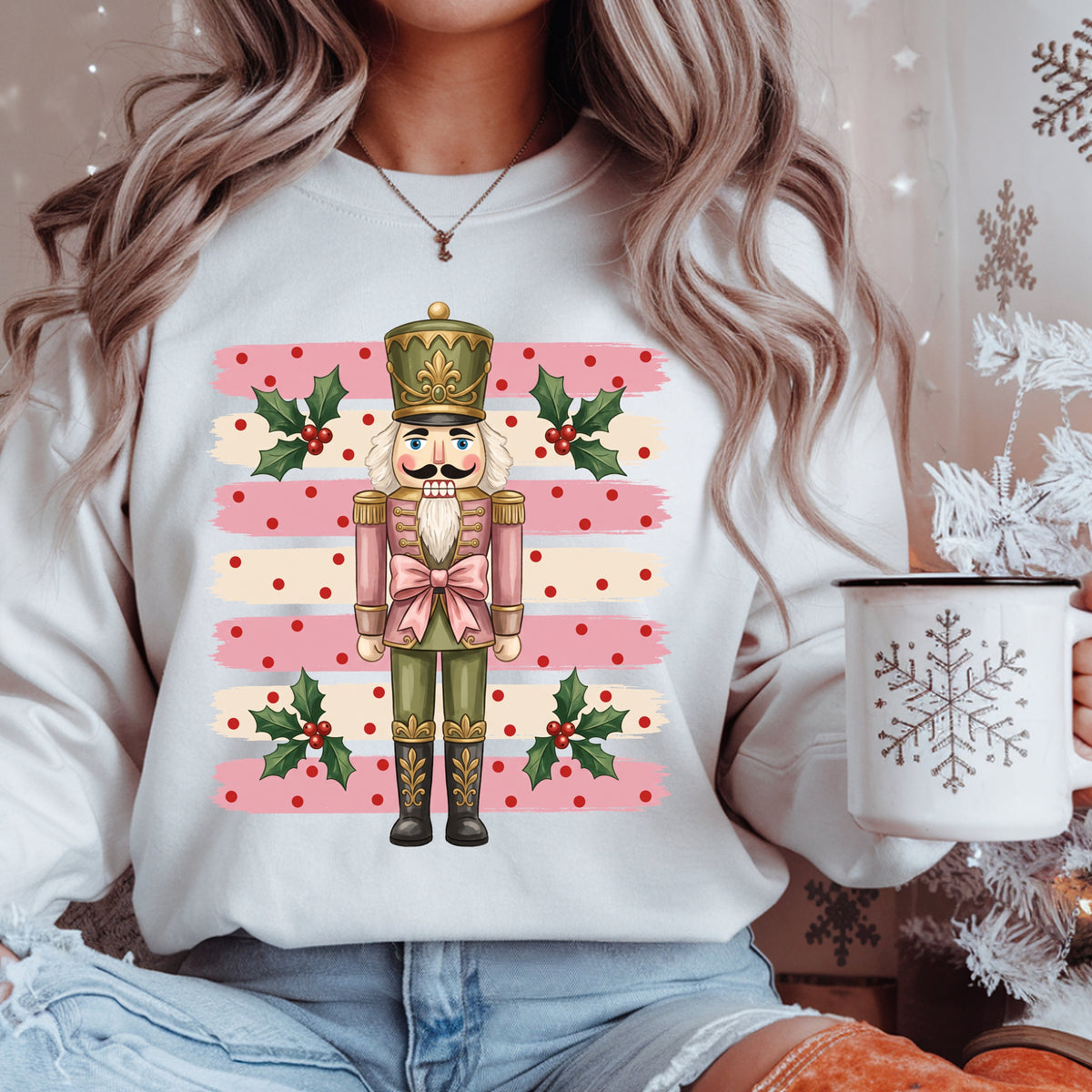 Nutcracker Christmas Sweatshirt - Pink Stripe Holiday Crewneck