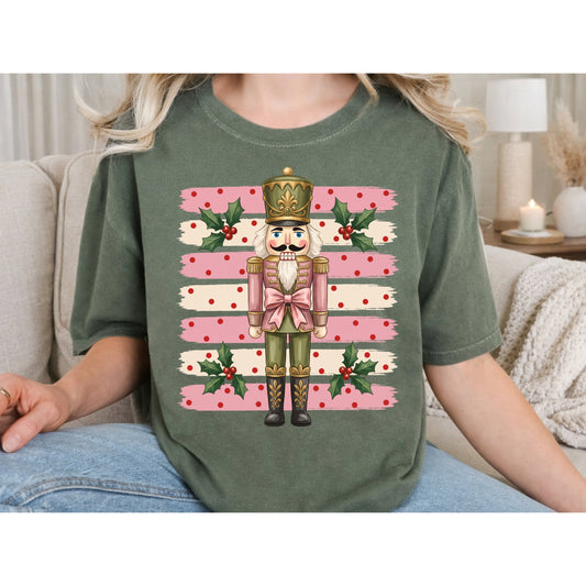 Nutcracker Holiday T-Shirt — Pink Striped Christmas Tee with Holly