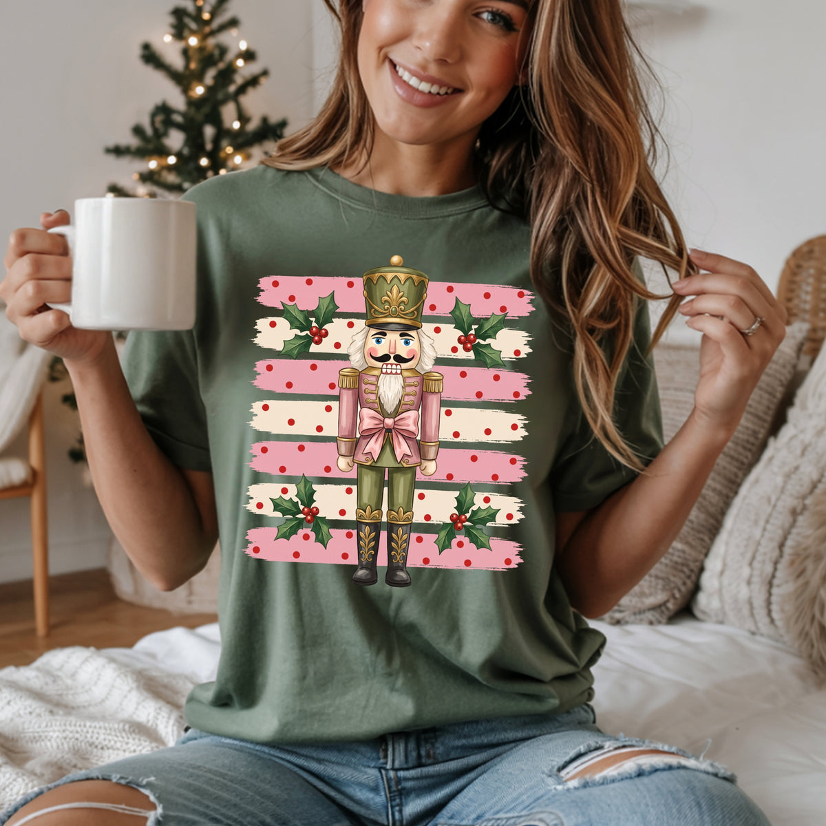 Nutcracker Holiday T-Shirt — Pink Striped Christmas Tee with Holly